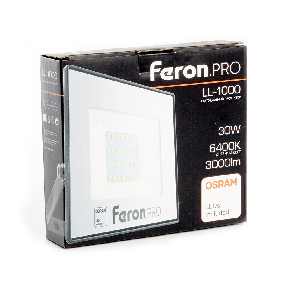 Прожектор светодиодный 30W 6400K IP65 AC175-265V/50Hz, черный, LL-1000 PRO Feron